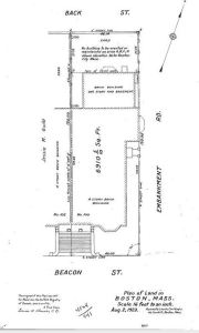 Plan of 100 Beacon showing rear area not to be built upon for 35 years; Suffolk Deed Registry, Book 4524, p. 441 (2Aug1923)