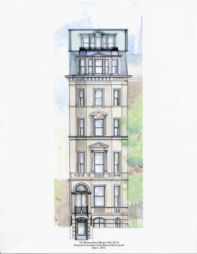 Rendering of the proposed front elevation of 101 Beacon (2015), drawn by Michael Scanlon; courtesy of Andrew Constantine of One-O-One Beacon LLC