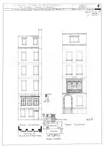 Architectural rendering of originally remodeling of the front and rear elevations of 107 Beacon (August 1928), by architect Richard Arnold Fisher, prior to amendment to include rear addition below bay window; courtesy of the Boston Public Library Arts Department, City of Boston Blueprints Collection