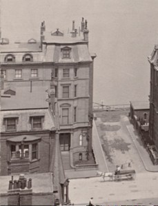 132 Beacon, detail from photograph looking north on Berkeley from Marlborough.(ca. 1900); courtesy of the Print Department, Boston Public Library