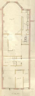 First floor plan of 164 Beacon, bound with the final building inspection report, 10Sep1890 (v. 36, p. 66); courtesy of the Boston Public Library Arts Department