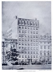 Drawing by Charles R. Greco, architect, of the Madison Apartments, proposed for 172 Beacon but not built; Achievements of New England Architects and Engineers (Lewis J. Hewitt, 1927)