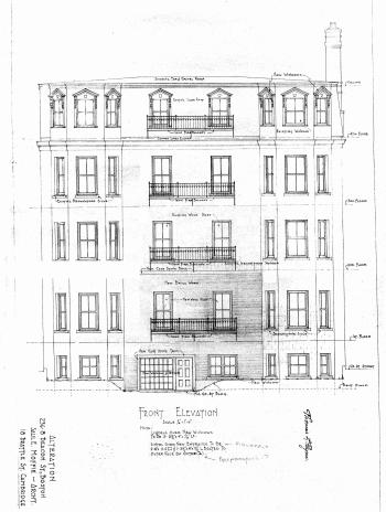Architectural rendering of remodeled Beacon Street façade of 236-238 Beacon, as originally proposed in 1951 prior to further changes which resulted in refacing the entire building in brick; Boston City Archives, City of Boston Blueprints Collection