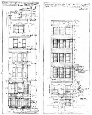 Front elevations by Homer Kiessling for remodeling 262 Beacon as proposed in November 1936 (left) and as revised in February of 1937 (right); Boston City Archives, City of Boston Blueprints Collection