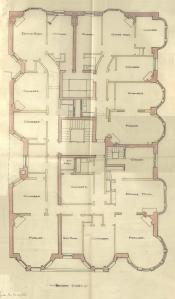 Second floor plan of 295 Beacon, bound with the final building inspection report , 2Dec1886 (v. 16, p. 110); Boston City Archives