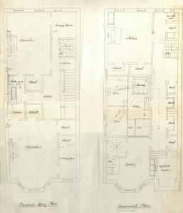 Basement and second floor plans of 331 Beacon, bound with the final building inspection report , 8Nov1880 (v. 1, p. 91); Boston City Archives