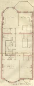 Second floor plan of 352 Beacon, bound with the final building inspection report , 2Dec1886 (v. 16, p. 111); Boston City Archives