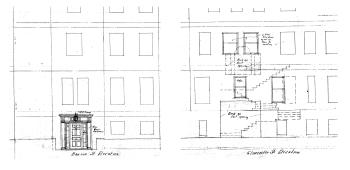 Detail from elevations for remodeling of 2 Gloucester (404 Beacon), showing proposed new entrance on Beacon and removal of entrance and Palladian widow on Gloucester, by Thomas Byrd Epps; Boston City Archives, City of Boston Blueprints Collection