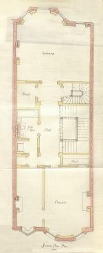 Second floor plan of 406 Beacon, bound with the final building inspection report, 13Aug1888 (v. 24, p. 83); Boston City Archives