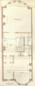 Second floor plan of 414 Beacon, bound with the final building inspection report, 26Dec1888 (v. 26, p. 129); Boston City Archives