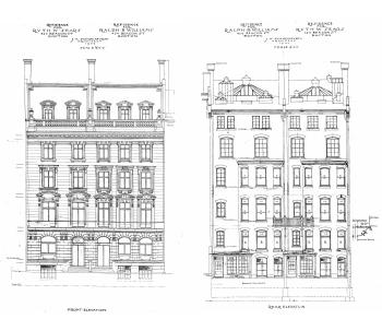 Architectural rendering of the front and rear elevations of 424-426 Beacon (1904), by architect Julius A. Schweinfurth; courtesy of the Boston Public Library Arts Department, City of Boston Blueprints Collection