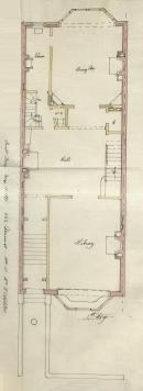 First floor plan of 462 Beacon, bound with the final building inspection report, 10Oct1892 (v. 47, p. 41); Boston City Archives