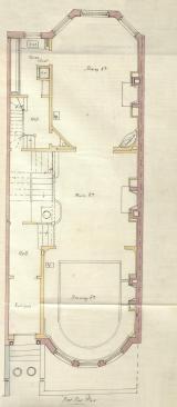 First floor plan of 463 Beacon, bound with the final building inspection report, 13Aug1888 (v. 24, p. 84); Boston City Archives