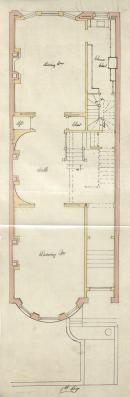 First floor plan of 474 Beacon, bound with the final building inspection report, 3Dec1892 (v. 49, p. 7); Boston City Archives