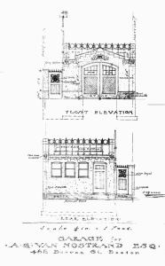 Architectural rendering of north and south façades of proposed garage at 482 Beacon (1904), by Leon N. Gillette, courtesy of the Boston Public Library Arts Department