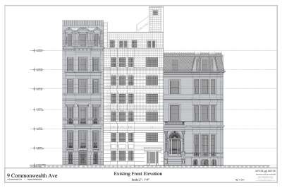 Front façade of 9 Commonwealth as it existed in 2014, showing abutting buildings, May2014; courtesy of Meyer and Meyer, Inc.