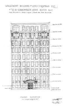 Architectural rendering of front elevation of 12 Commonwealth (1927) by George Jacob Nelson, architect; courtesy of the Boston City Archives, City of Boston Blueprints Collection