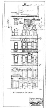 Front elevation for 1937 remodeling of 46 Commonwealth by Edward B. Stratton, architect, showing proposed additional story ultimately not built; courtesy of the Boston Public Library Arts Department