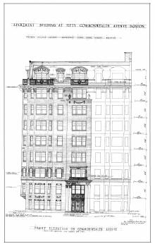 Architectural rendering of Commonwealth Avenue elevation of 50 Commonwealth (1925) by George Jacob Nelson, architect; courtesy of the Boston Public Library