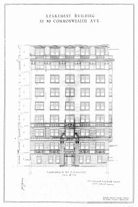 Architectural rendering of front elevation of 90 Commonwealth (1925) by George Jacob Nelson, architect; courtesy of the Boston Public Library Arts Deparfment