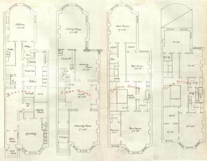 Basement and first through third floor plans of 131 Commonwealth, bound with the final building inspection report , 30Dec1880 (v. 1, p. 118); courtesy of the Boston Public Library Arts Department