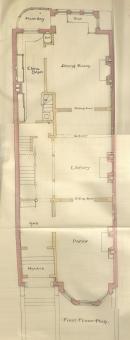 First floor plan of 206 Commonwealth, bound with the final building inspection report, 15Jul1886 (v. 15, p. 60); Boston City Archives