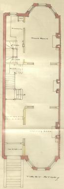 First floor plan of 276 Commonwealth, bound with the final building inspection report, 15Dec1886 (v. 17, p. 67); Boston City Archives