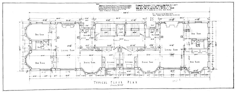Typical floor plan (for floors above the first floor) of 311 Commonwealth (1924), by Funk and Wilcox; Boston City Archives, City of Boston Blueprints Collection