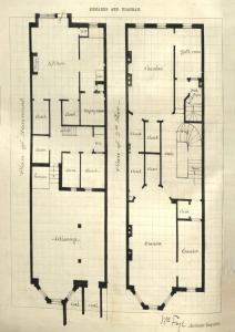 Drawing of basement and second floor plans for 321 Commonwealth, drawn on the final building inspection report, 5Oct1880 (v. 1, p. 62); courtesy of the Boston Public Library Arts Department