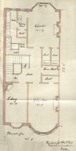 Second floor plan of 330 Commonwealth, bound with the final building inspection report, 4Jan1889 (v. 27, p. 112); Boston City Archives