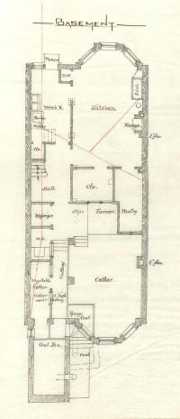 Basement floor plan of 334 Commonwealth, bound with the final building inspection report, 12Oct1880 (v. 1, p. 75); Boston City Archives