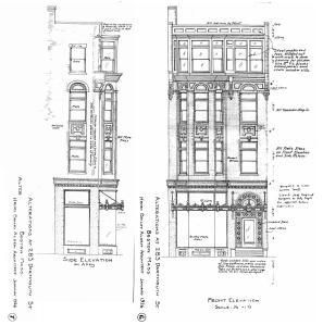 Architectural renderings of the front and side of the proposed façade of 283 Dartmouth (1926), by Henry Bailey Alden (composite of two drawings); courtesy of the Boston Public Library
