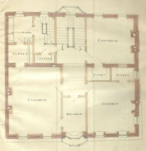 Second floor plan of 18 Exeter, bound with the final building inspection report, 16Dec1886 (v. 17, p. 65); Boston City Archives