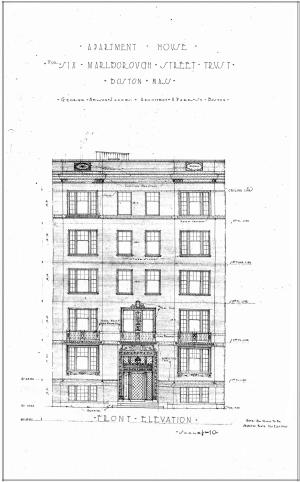 Architectural rendering of the front elevation of 6 Marlborough by architect George Nelson Jacobs, Oct1924; courtesy of the Boston Public Library Fine Arts Department, City of Boston Blueprints Collection