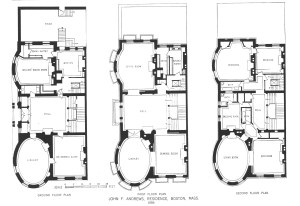Floor plans for the ground, first, and second floors of 32 Hereford, ca. 1886; from A Monograph of the Works of McKim, Mead & White: 1879-1915 (The Architectural Book Publishing Company, New York); Plate 17