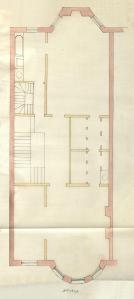 Second floor plan of 254 Marlborough, bound with the final building inspection report, 9May1888 (v. 23, p. 103); Boston City Archives