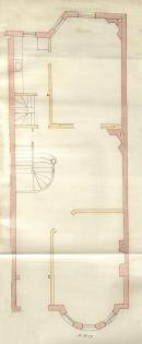 First floor plan of 258 Marlborough, bound with the final building inspection report, 9May1888 (v. 23, p. 105); Boston City Archives