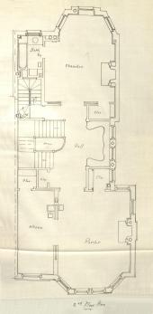 Second floor plan of 365 Marlborough, bound with the final building inspection report , 13Aug1888 (v. 24, p. 90); Boston City Archives
