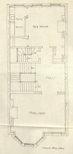 Second floor plan of 402 Marlborough, bound with the final building inspection report, 26Dec1888 (v. 27, p. 30); Boston City Archives