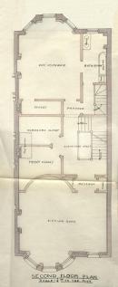 Second floor plan of 404 Marlborough, bound with the final building inspection report, 26Dec1888 (v. 27, p. 31); Boston City Archives