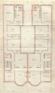 Typical floor plan of 405-407 Marlborough, bound with the final building inspection report for 405 Marlborough, 29Oct1889 (v. 31, p. 151); Boston City Archives
