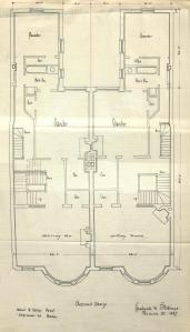 Second floor plan of 527-529 Beacon, bound with the final building inspection report, 14Nov1887 (v. 21, p. 61);  Boston City Archives