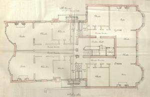 Second floor plan of 373 Commonwealth, bound with the final building inspection report, 27Jan1895 (v. 59, p.. 142); Boston City Archives
