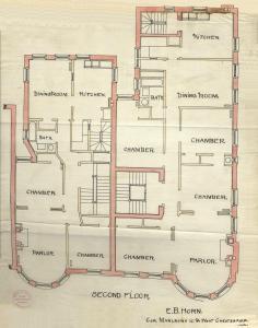 Second floor plan of 421-423 Marlborough, bound with the final building inspection report for 421 Marlborough, 27May1890 (v. 35, p. 24); courtesy of the Boston Public Library Arts Department