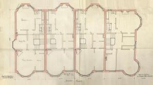 Second floor plan of 424 Marlborough and 47-49-51 Massachusetts Avenue (444-442-440 West Chester Park), bound with the final building inspection report for 51 Massachusetts Avenue, 15Nov1889 (v. 32, p. 78); Boston City Archives