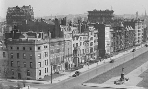 North side of Commonwealth, looking east from Charlesgate East; detail from photograph taken March 24, 1923, by Leslie Jones, courtesy of the Boston Public Library, Leslie Jones Collection