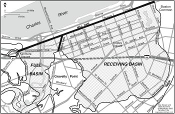 Map of the Back Bay showing current streets, the 1630 shoreline, and the mill dam and cross dam; provided by MapWorks, as appeared in Boston’s Back Bay by William A. Newman and Wilfred E. Holton, p. viii (map copyright MapWorks 2005).