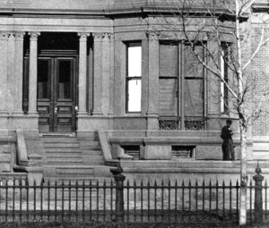17 Commonwealth (ca. 1870), showing extension to left of stairs, with man standing on it; detail from photograph by Frederick M. Smith, II; courtesy of the Print Department, Boston Public Library